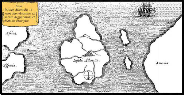 Disegno di Atlantide come se lo immaginò Athanasius Kircher nel 1669,  l'isola di Atlantide al centro, Africa sa sinistra ed America a destra