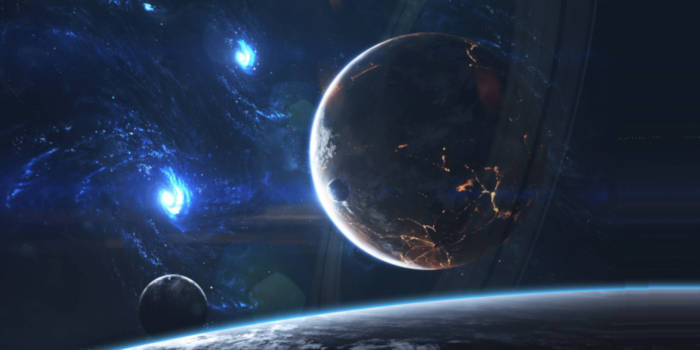 Visione spaziale di mondi distrutti: solchi immensi nei pianeti, sullo sfondo due galassie blu, in totale sono dipinti tre pianeti