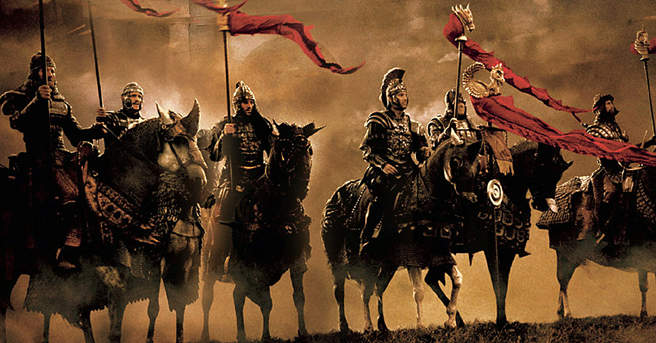 Scorcio pittorico di alcuni cavalieri a cavallo con gli stendardi ed armi a corredo