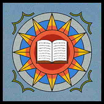 Immagine composta da un libro posto al centro, ci sono cerchi concentrici, una stella e 4 ghirigori per angolo, l'immagine possiede una cornice nera