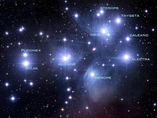 Foto astronomica della costellazione delle Pleiadi, le stelle brillano quasi tutte di luce blu