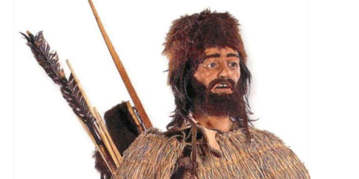 Sfondo bianco, immagine di un uomo semi-primitivo avente arco, frecce, cappello e indumenti pesanti