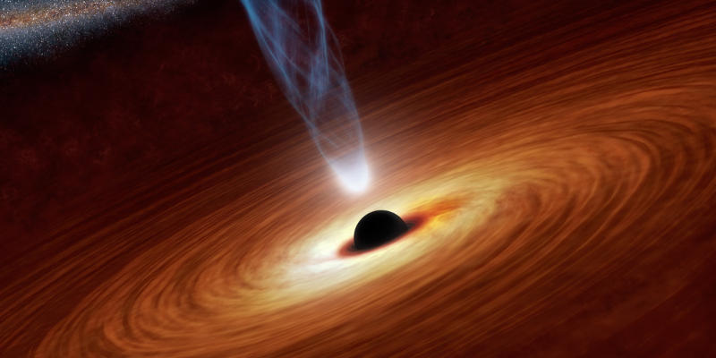 Immagine artistica di un nuco nero circondato da materia vorticosa, dal buco nero vengono emesse radiazioni ad alta energia