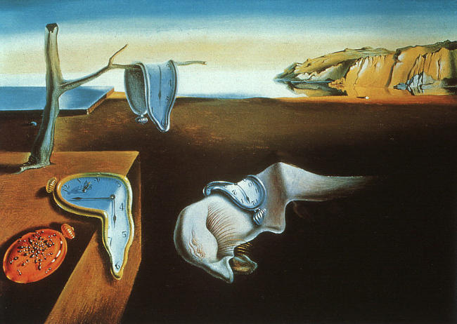 "La persistenza della memoria" di Salvador Dalí, nel quadro viene raffigurato un paesaggio costiero della costa Brava, nello scenario sono collocati alcuni orologi molli, dalla consistenza quasi fluida, simboli dell'elasticità del tempo.