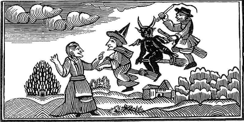 Illustrazione in bianco e nero di streghe e demoni in versione in salsa medioevalee streghe nel medioevo