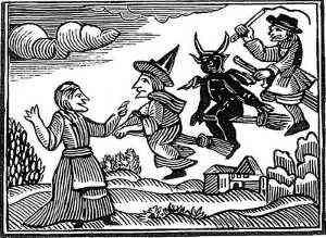 Illustrazione in bianco e nero di streghe e demoni in versione in salsa medioevalee streghe nel medioevo