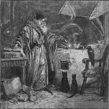 Immagine in B/N con un alchimista in attività ed i suoi animali che lo osservano
