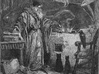 Immagine in B/N con un alchimista in attività ed i suoi animali che lo osservano