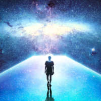 Immagine fantastica di un Pontile verso l'Universo, colore blu prominente e sul pontile una persona che lo attraversa