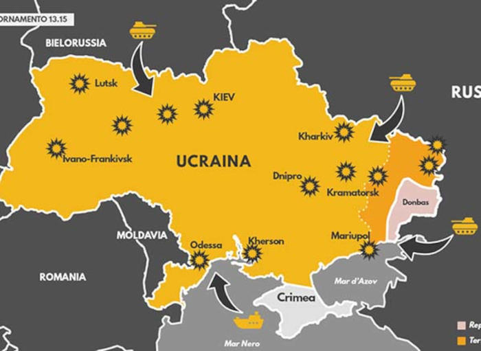 Cartina dell'Ucraina in giallo al centro, le frecce nere sono le direttrici principali dell’attacco russo