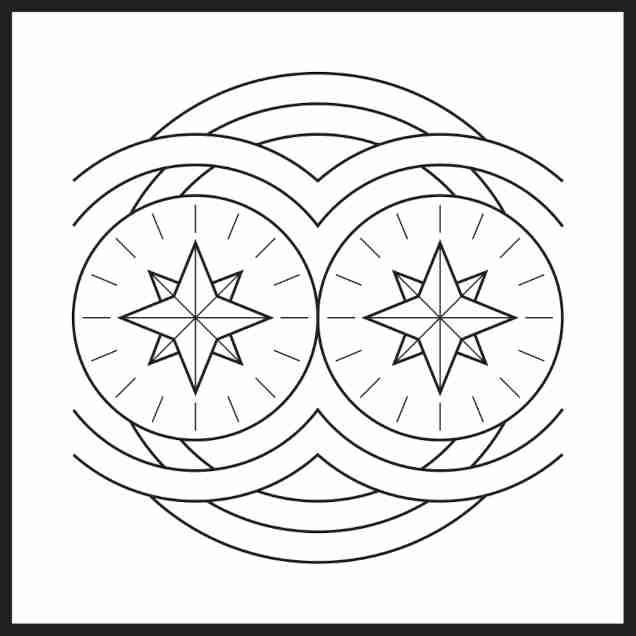 Due stelle singolarmente all'interno di cerchi concentrici incorniciati, il tutto di nuovo compreso all'interno di cerchi concentrici piú grandi